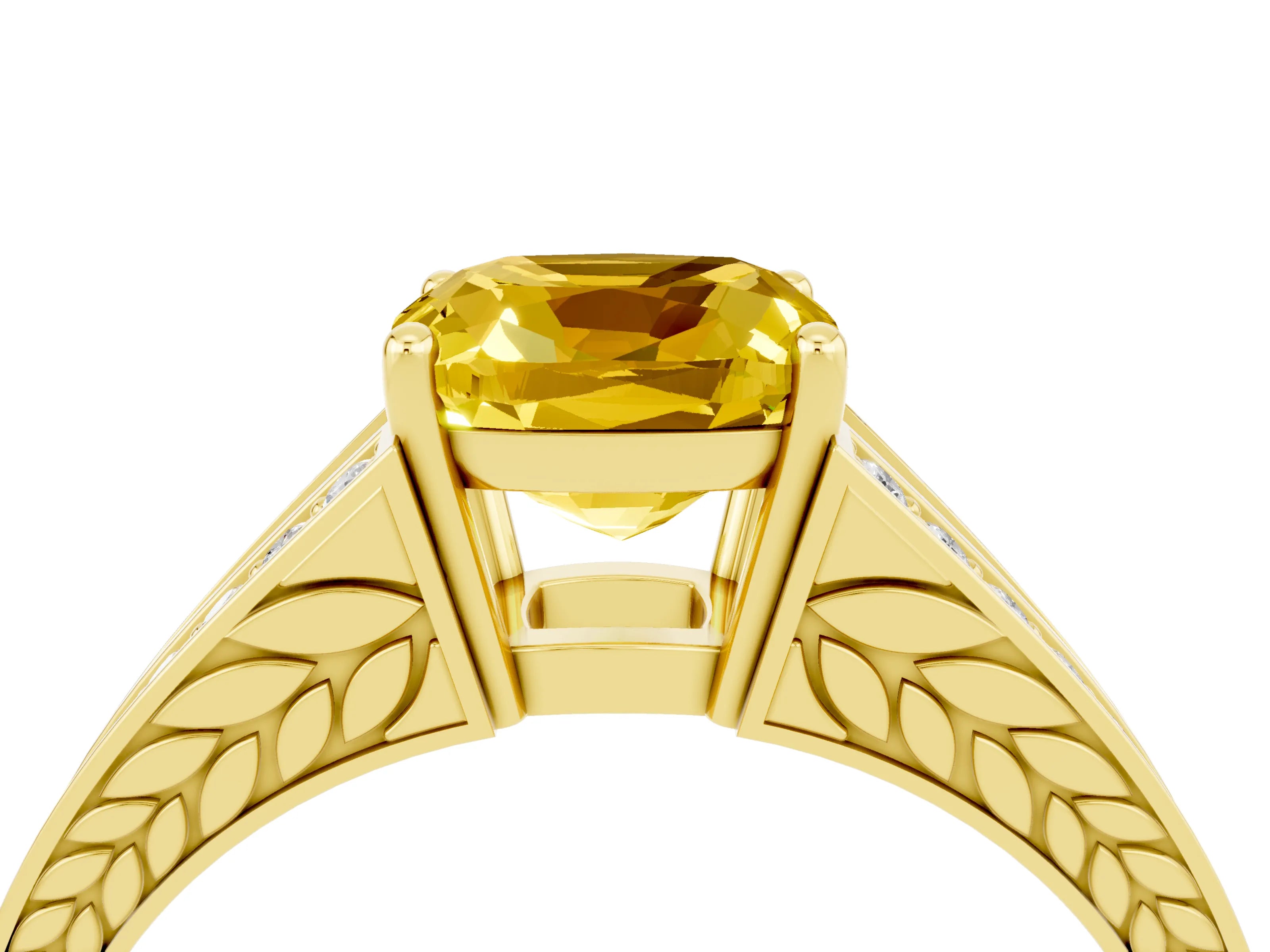 Yellow gold Cushion Cut Yellow Sapphire Split Shank Ring with Pavé Band and Four-Prong Setting_4