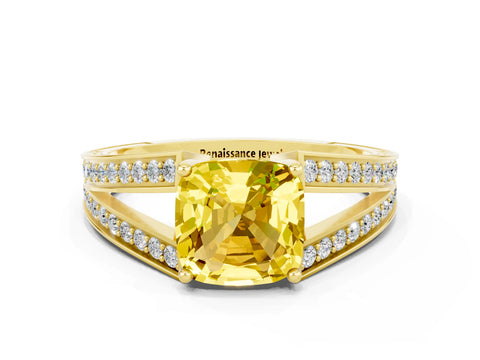 Yellow gold Cushion Cut Yellow Sapphire Split Shank Ring with Pavé Band and Four-Prong Setting