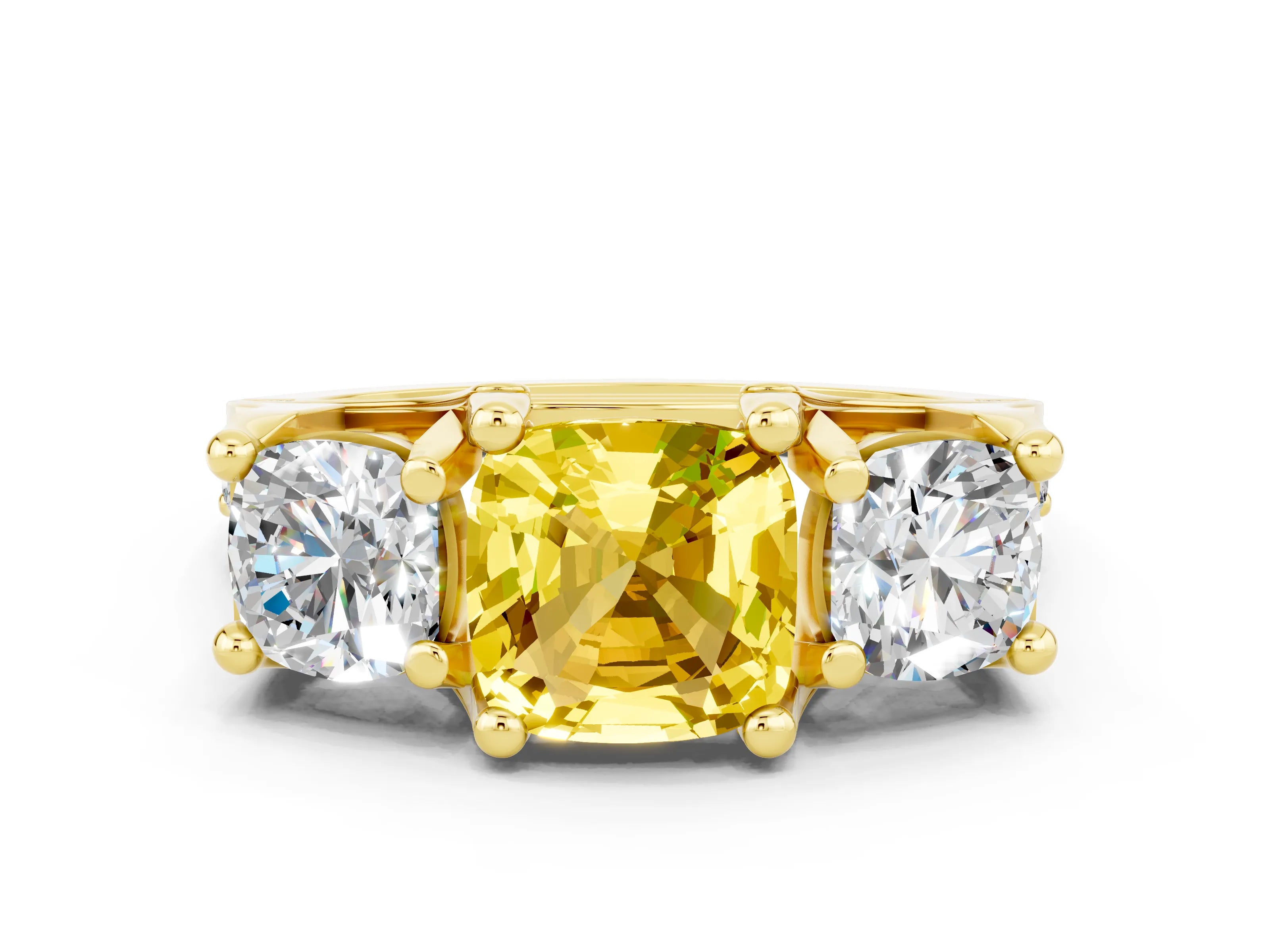 Yellow gold Cushion Cut Yellow Sapphire Three-Stone Ring with Channel Set Band and Four-Prong Setting