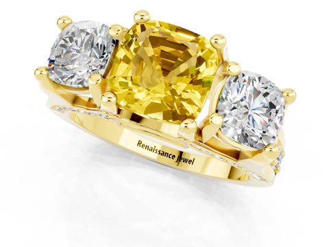 Yellow gold Cushion Cut Yellow Sapphire Three-Stone Ring with Channel Set Band and Four-Prong Setting_1