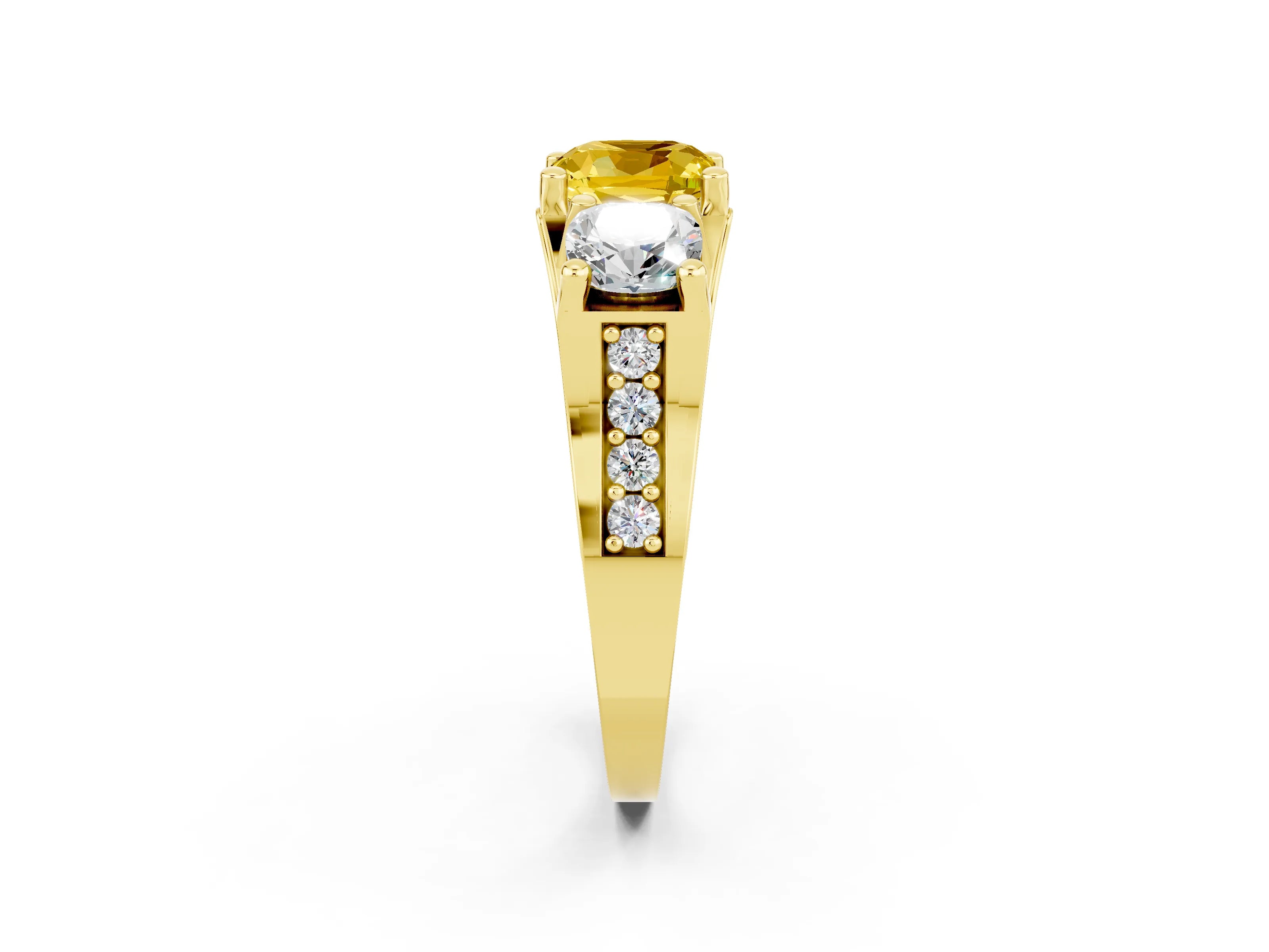 Yellow gold Cushion Cut Yellow Sapphire Three-Stone Ring with Channel Set Band and Four-Prong Setting_2