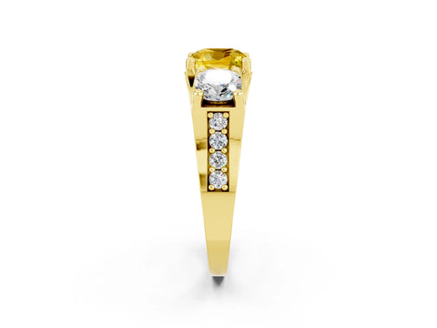 Yellow gold Cushion Cut Yellow Sapphire Three-Stone Ring with Channel Set Band and Four-Prong Setting_2