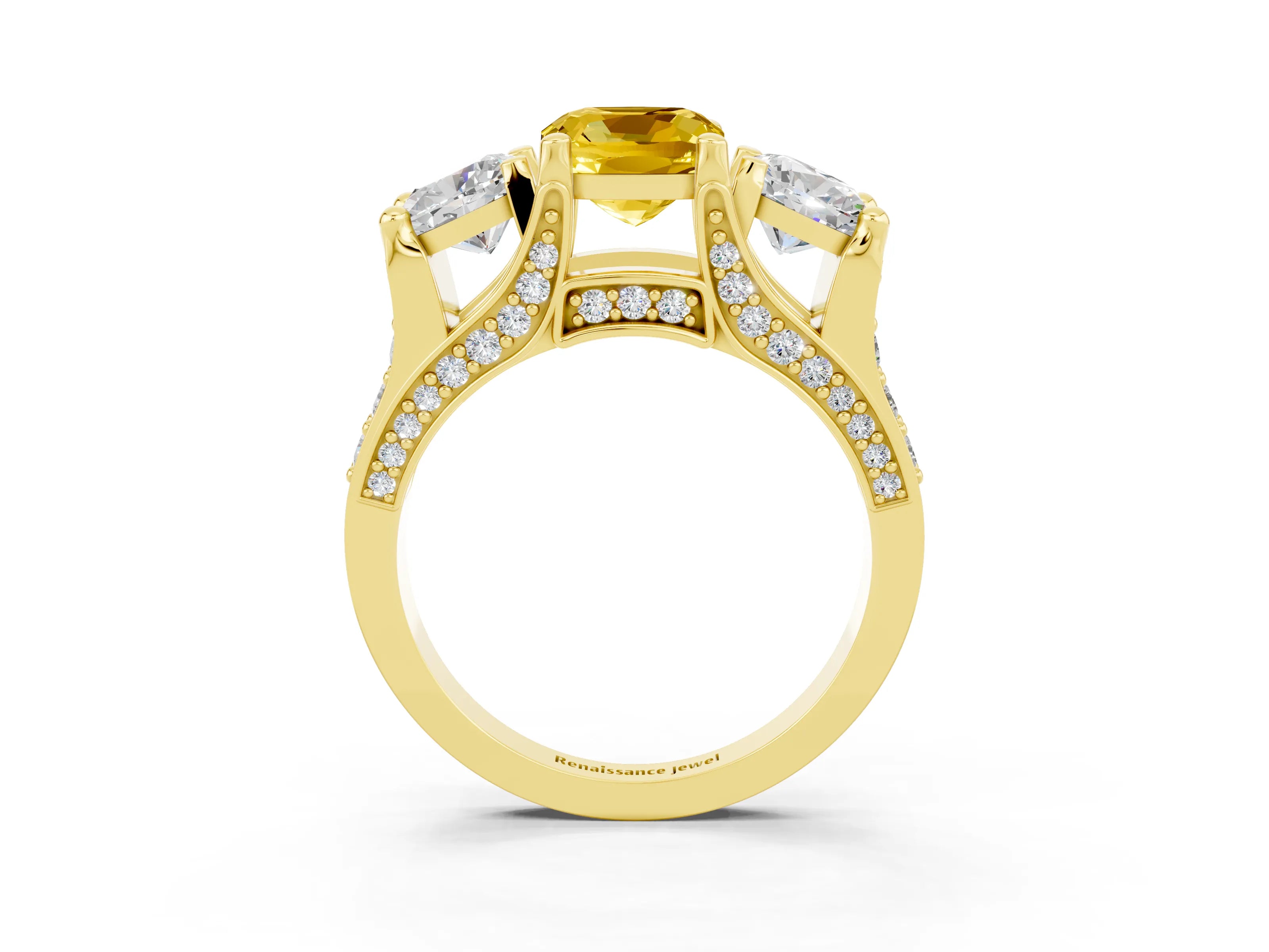Yellow gold Cushion Cut Yellow Sapphire Three-Stone Ring with Channel Set Band and Four-Prong Setting_3