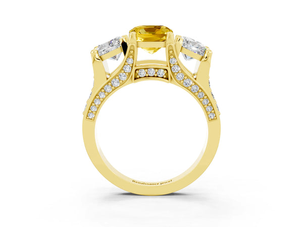 Yellow gold Cushion Cut Yellow Sapphire Three-Stone Ring with Channel Set Band and Four-Prong Setting