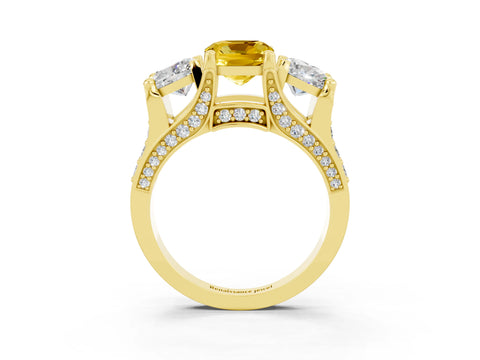 Yellow gold Cushion Cut Yellow Sapphire Three-Stone Ring with Channel Set Band and Four-Prong Setting_3