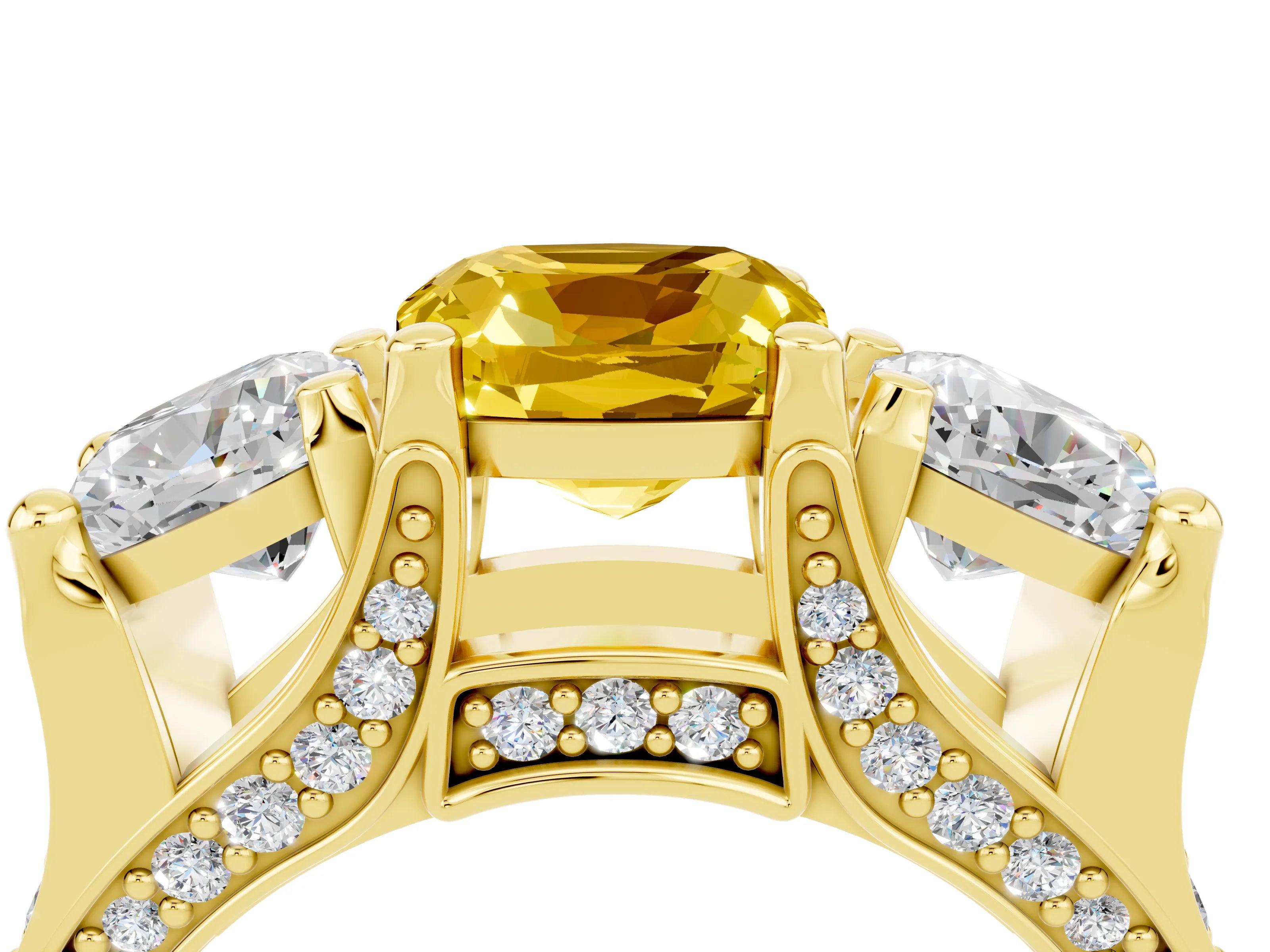 Yellow gold Cushion Cut Yellow Sapphire Three-Stone Ring with Channel Set Band and Four-Prong Setting_4