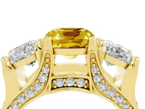 Yellow gold Cushion Cut Yellow Sapphire Three-Stone Ring with Channel Set Band and Four-Prong Setting_4