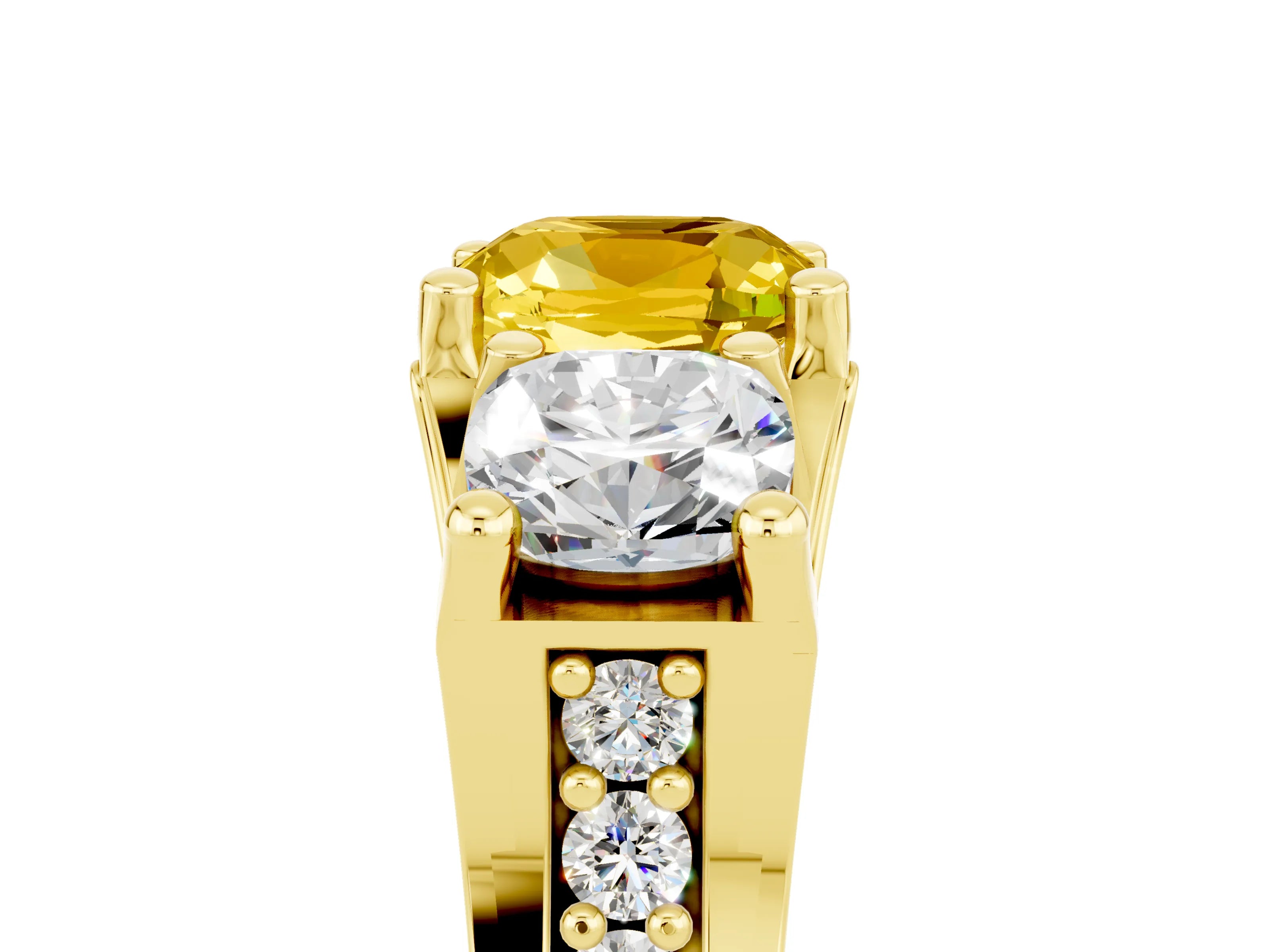 Yellow gold Cushion Cut Yellow Sapphire Three-Stone Ring with Channel Set Band and Four-Prong Setting_5