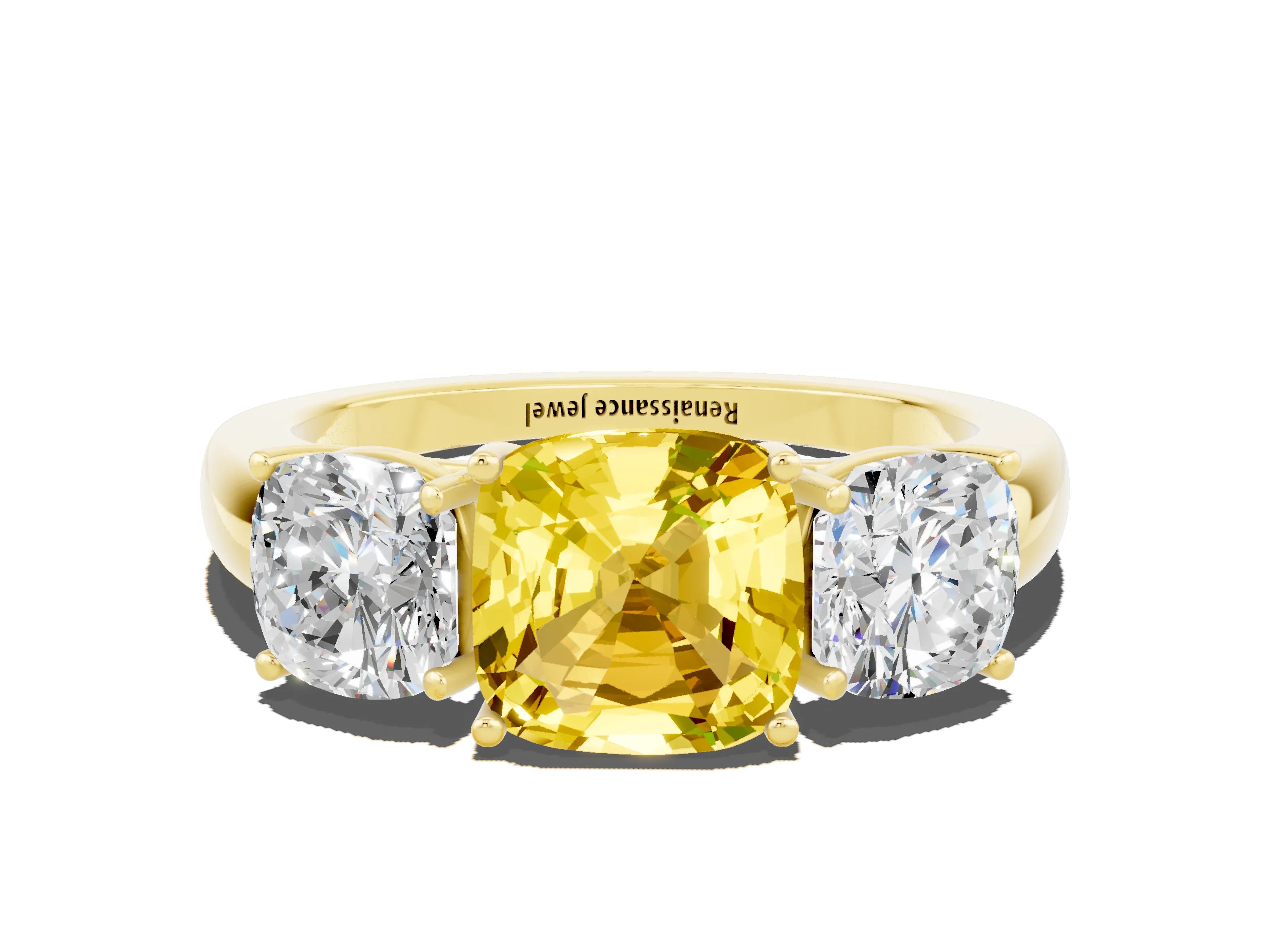 Yellow gold Cushion Cut Yellow Sapphire Three-Stone Ring with Four-Prong Setting and Classic Band