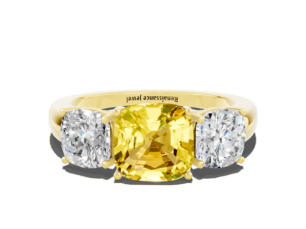 Yellow gold Cushion Cut Yellow Sapphire Three-Stone Ring with Four-Prong Setting and Classic Band
