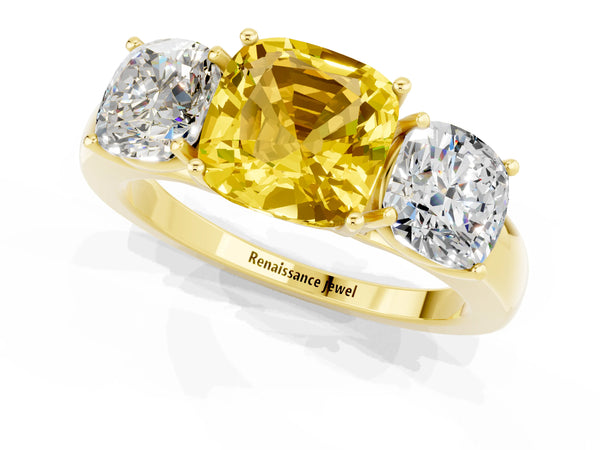Yellow gold Cushion Cut Yellow Sapphire Three-Stone Ring with Four-Prong Setting and Classic Band