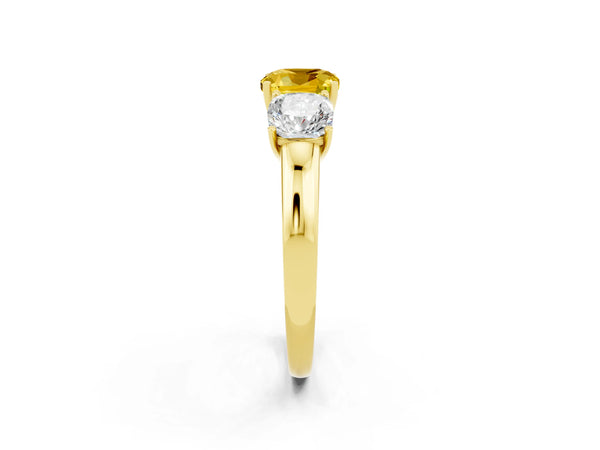 Yellow gold Cushion Cut Yellow Sapphire Three-Stone Ring with Four-Prong Setting and Classic Band