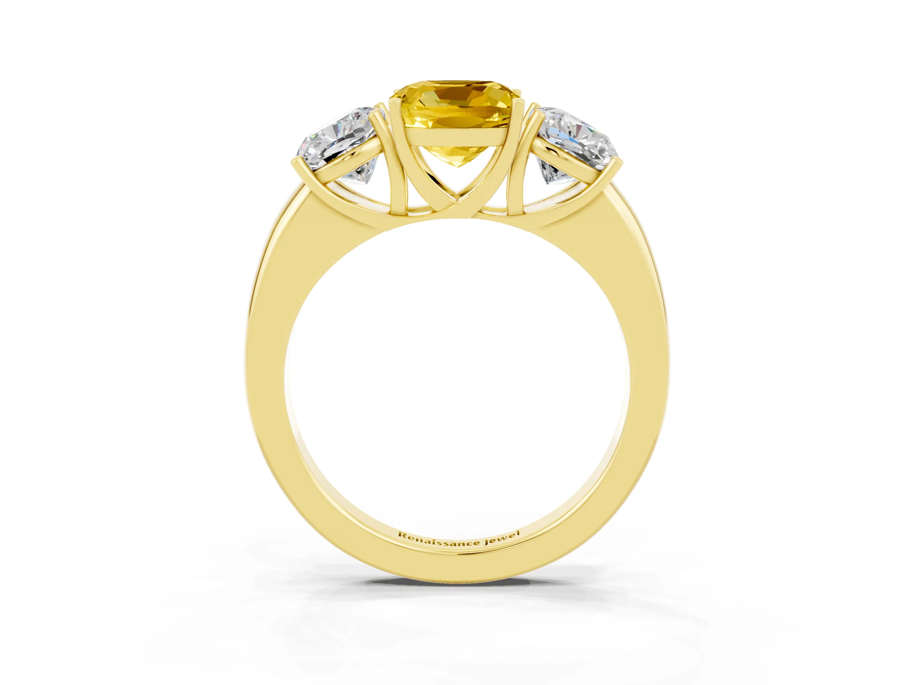 Yellow gold Cushion Cut Yellow Sapphire Three-Stone Ring with Four-Prong Setting and Classic Band_3