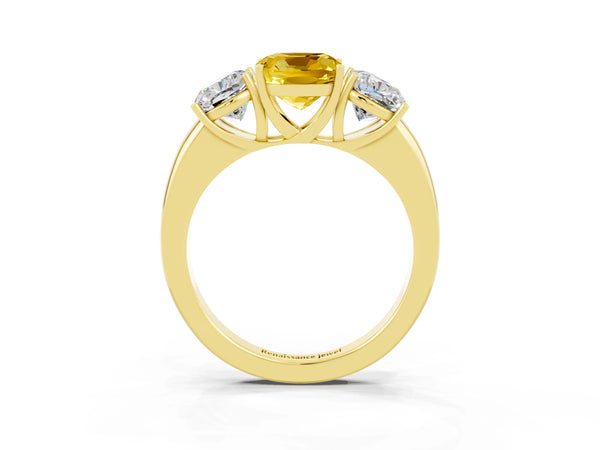 Yellow gold Cushion Cut Yellow Sapphire Three-Stone Ring with Four-Prong Setting and Classic Band
