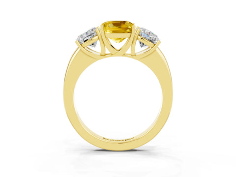 Yellow gold Cushion Cut Yellow Sapphire Three-Stone Ring with Four-Prong Setting and Classic Band_3