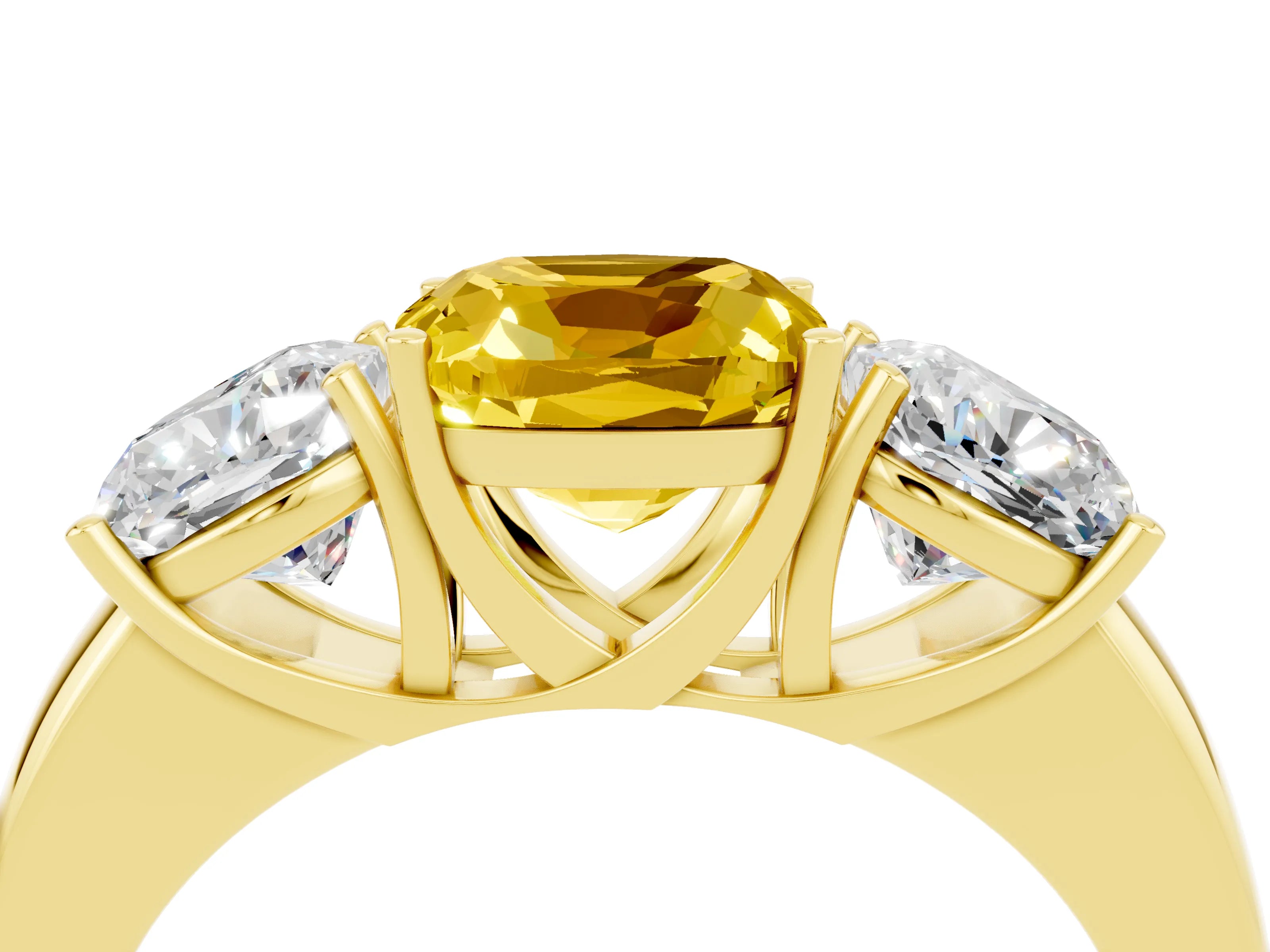 Yellow gold Cushion Cut Yellow Sapphire Three-Stone Ring with Four-Prong Setting and Classic Band_4