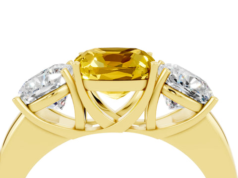 Yellow gold Cushion Cut Yellow Sapphire Three-Stone Ring with Four-Prong Setting and Classic Band_4