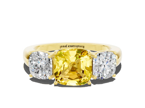 Yellow gold Cushion Cut Yellow Sapphire Three-Stone Ring with Four-Prong Setting and Classic Band