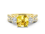 Yellow gold Cushion Cut Yellow Sapphire Three-Stone Ring with Pavé Split Shank and Four-Prong Setting_36