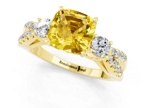 Yellow gold Cushion Cut Yellow Sapphire Three-Stone Ring with Pavé Split Shank and Four-Prong Setting_37