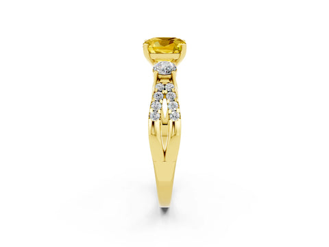Yellow gold Cushion Cut Yellow Sapphire Three-Stone Ring with Pavé Split Shank and Four-Prong Setting_38