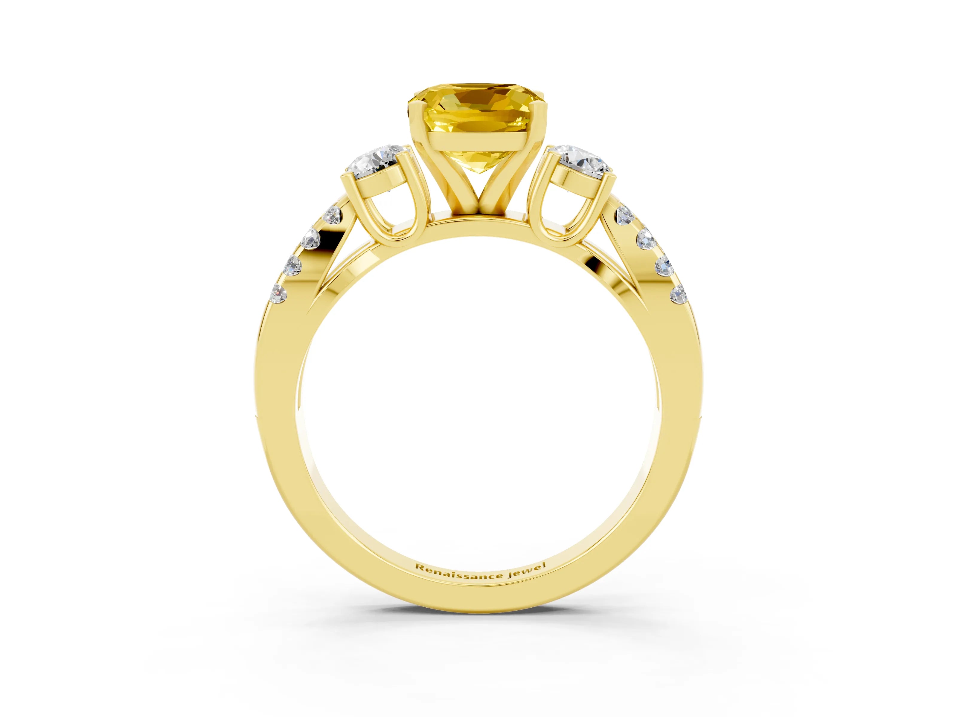 Yellow gold Cushion Cut Yellow Sapphire Three-Stone Ring with Pavé Split Shank and Four-Prong Setting_39
