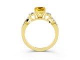 Yellow gold Cushion Cut Yellow Sapphire Three-Stone Ring with Pavé Split Shank and Four-Prong Setting_39