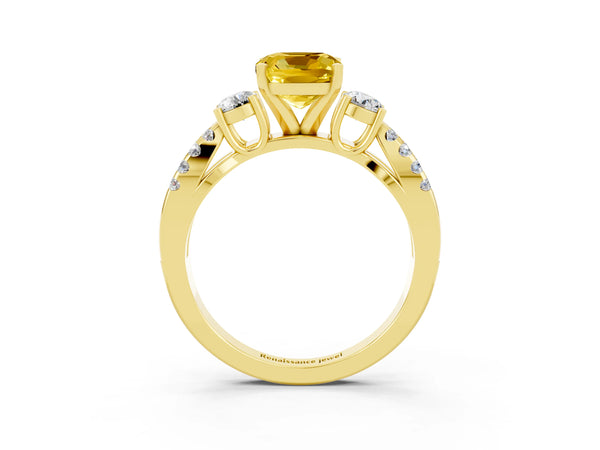 Yellow gold Cushion Cut Yellow Sapphire Three-Stone Ring with Pavé Split Shank and Four-Prong Setting