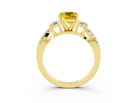 Yellow gold Cushion Cut Yellow Sapphire Three-Stone Ring with Pavé Split Shank and Four-Prong Setting_39