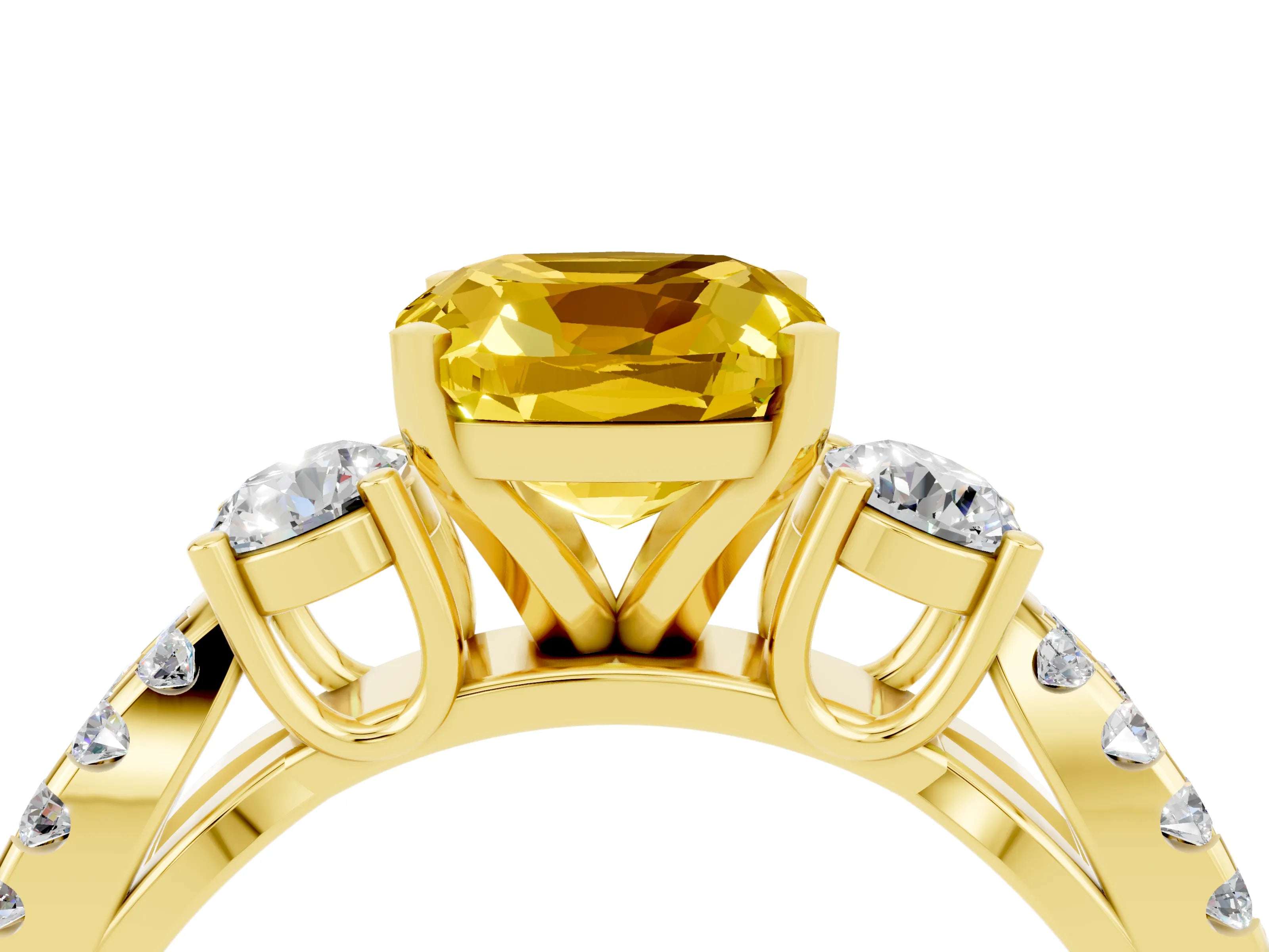 Yellow gold Cushion Cut Yellow Sapphire Three-Stone Ring with Pavé Split Shank and Four-Prong Setting_40
