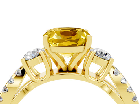 Yellow gold Cushion Cut Yellow Sapphire Three-Stone Ring with Pavé Split Shank and Four-Prong Setting_40