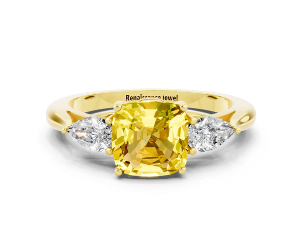 Yellow gold Cushion Cut Yellow Sapphire Three-Stone Ring with Pear  Side Stones and Prong Setting