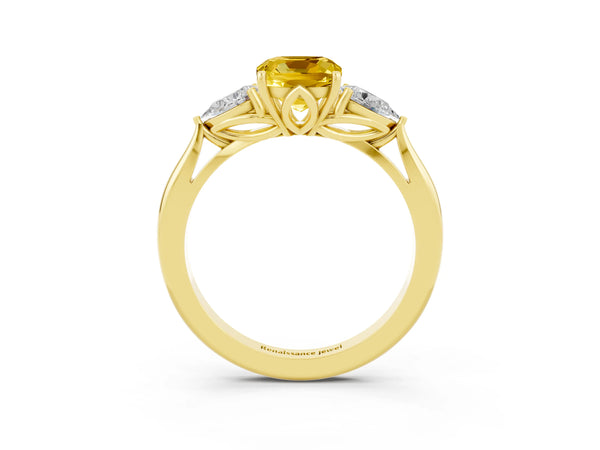 Yellow gold Cushion Cut Yellow Sapphire Three-Stone Ring with Pear  Side Stones and Prong Setting