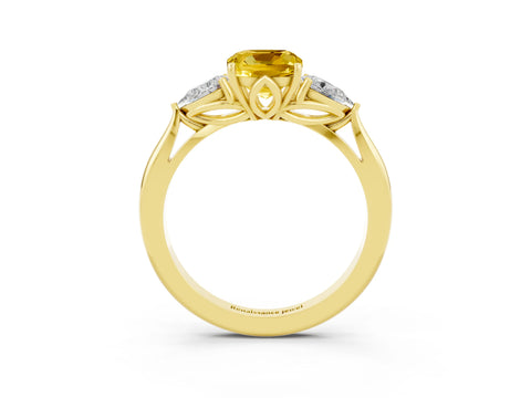 Yellow gold Cushion Cut Yellow Sapphire Three-Stone Ring with Pear Side Stones and Four-Prong Setting_15