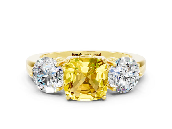 Yellow gold Cushion Cut Yellow Sapphire Three-Stone Ring with Prong Setting and Classic Band