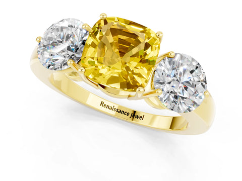 Yellow gold Cushion Cut Yellow Sapphire Three-Stone Ring with Prong Setting and Classic Band_1