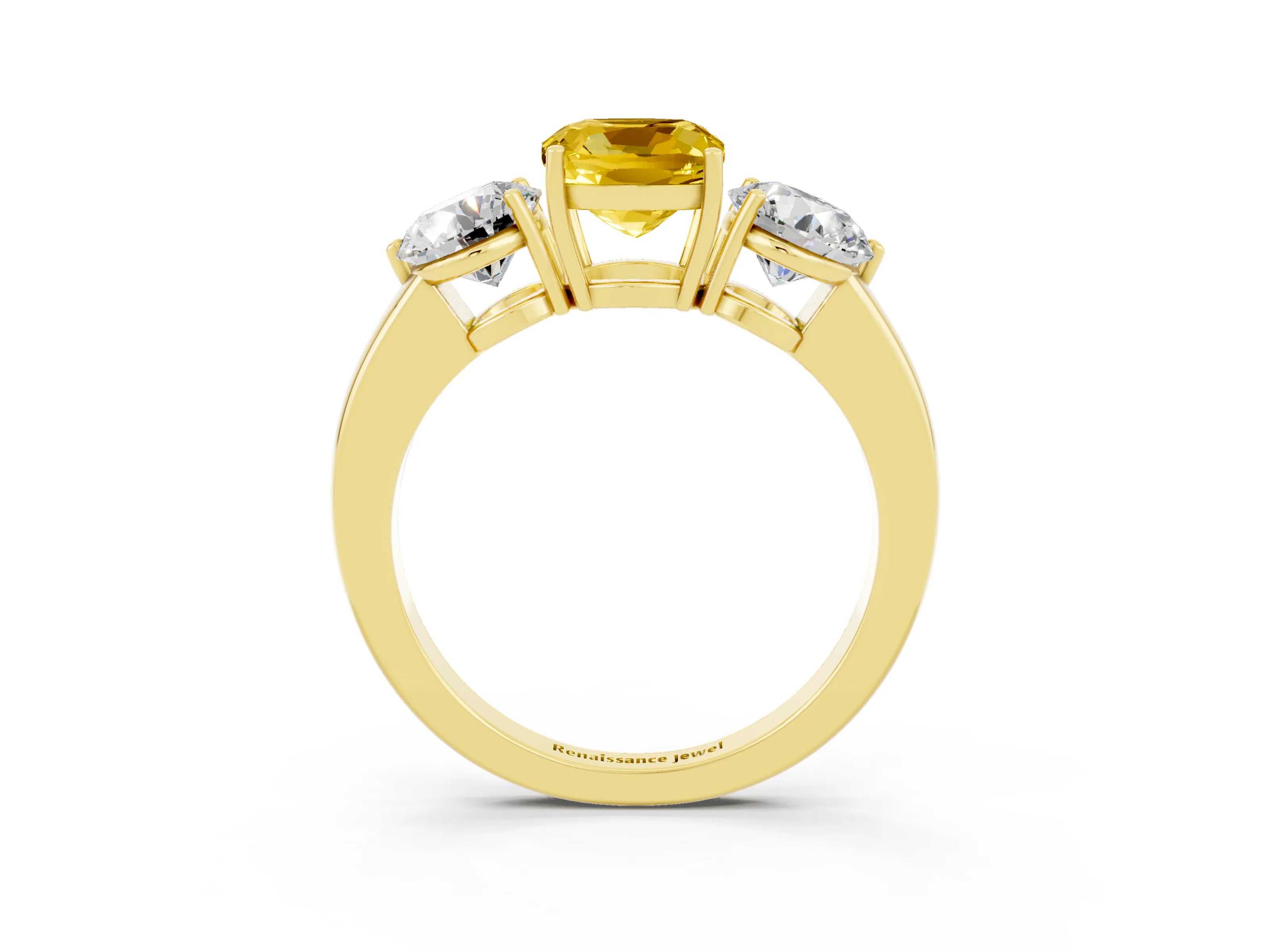Yellow gold Cushion Cut Yellow Sapphire Three-Stone Ring with Prong Setting and Classic Band_3