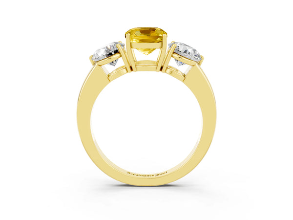 Yellow gold Cushion Cut Yellow Sapphire Three-Stone Ring with Prong Setting and Classic Band