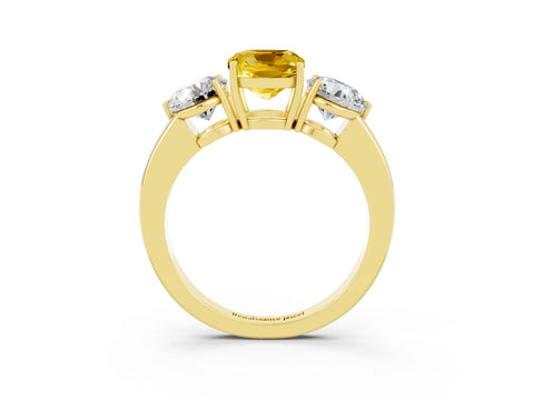Yellow gold Cushion Cut Yellow Sapphire Three-Stone Ring with Prong Setting and Classic Band_3