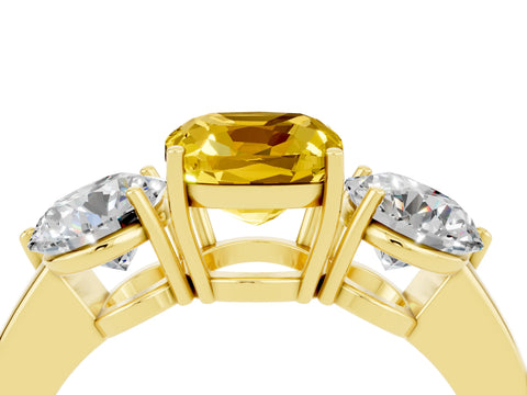 Yellow gold Cushion Cut Yellow Sapphire Three-Stone Ring with Prong Setting and Classic Band_4