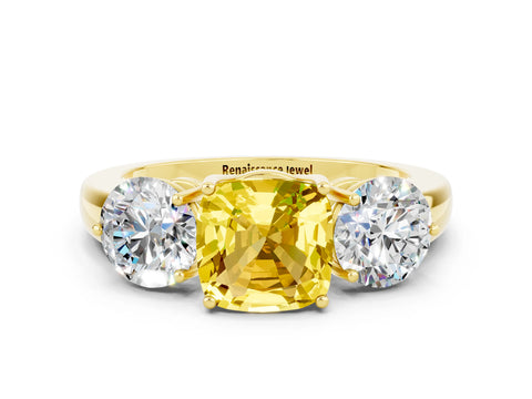 Yellow gold Cushion Cut Yellow Sapphire Three-Stone Ring with Prong Setting and Classic Band
