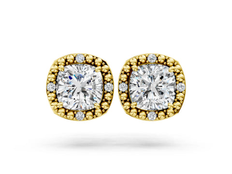 Yellow gold Cushion Diamond Beaded Halo Stud Earrings