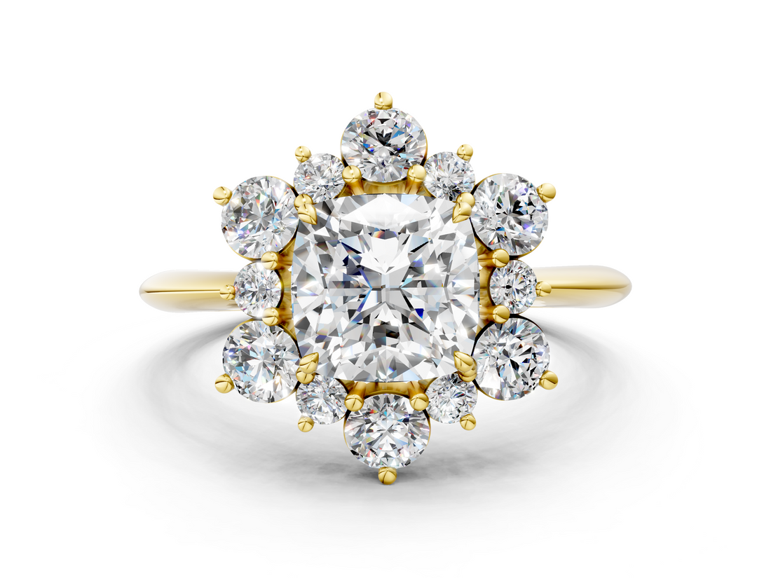 Yellow gold Cushion Diamond Cluster Halo Ring with Solitaire Band and Four-Prong Setting_20