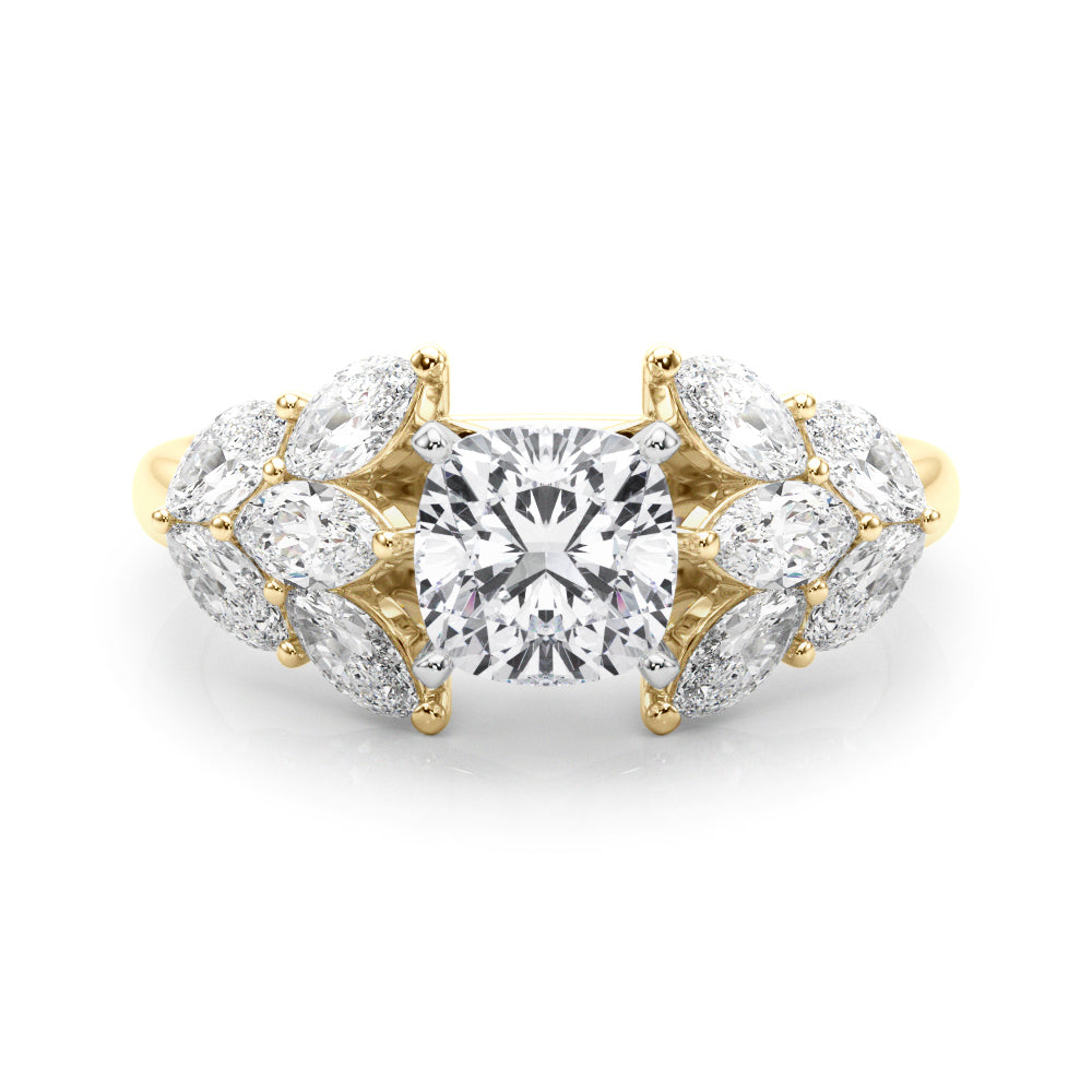 Yellow gold Cushion Diamond Cluster Leaf Design Ring with Prong Setting 1