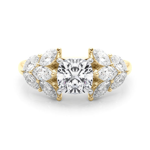 Yellow gold Cushion Diamond Cluster Leaf Design Ring with Prong Setting 1