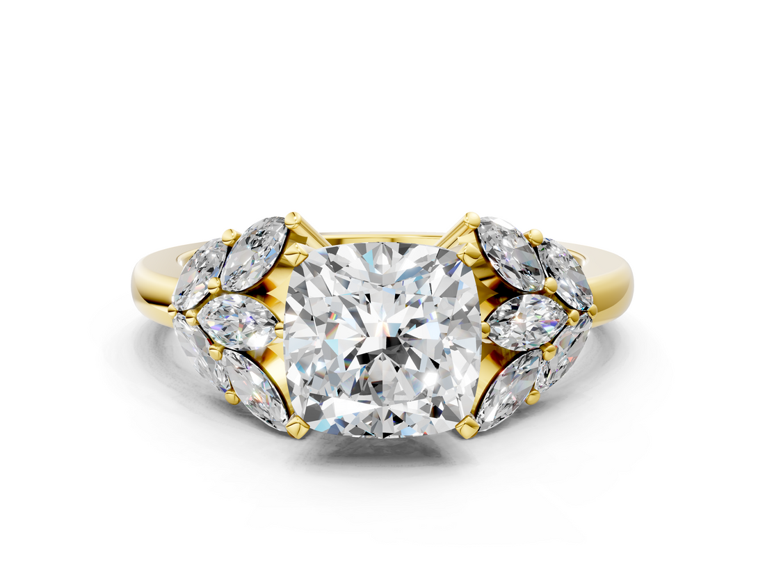Yellow gold Cushion Diamond Cluster Leaf Design Ring with Prong Setting_69