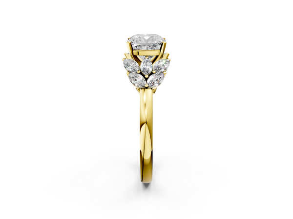Yellow Gold Cushion Cut Cluster Leaf Engagement Ring Setting with Marquise Accents