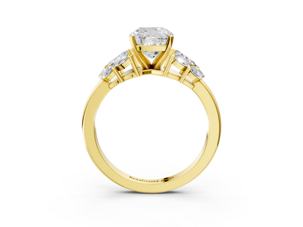 Yellow Gold Cushion Cut Cluster Leaf Engagement Ring Setting with Marquise Accents