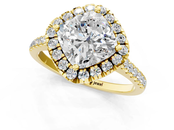 Yellow Gold Cushion Cut Contoured Halo Pave Engagement Ring Setting