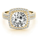 Yellow gold Cushion Diamond Double Halo Ring with Split Shank and Four-Prong Setting 1